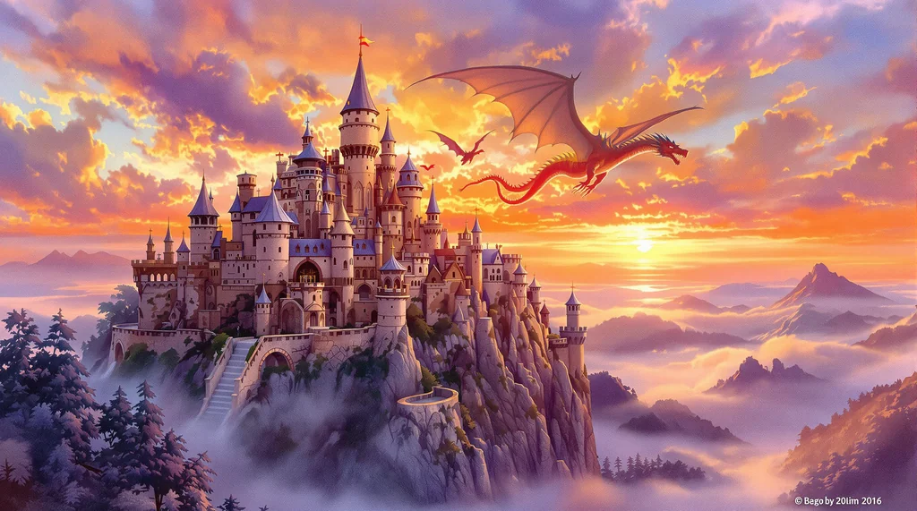 Medieval castle + dragon, watercolor